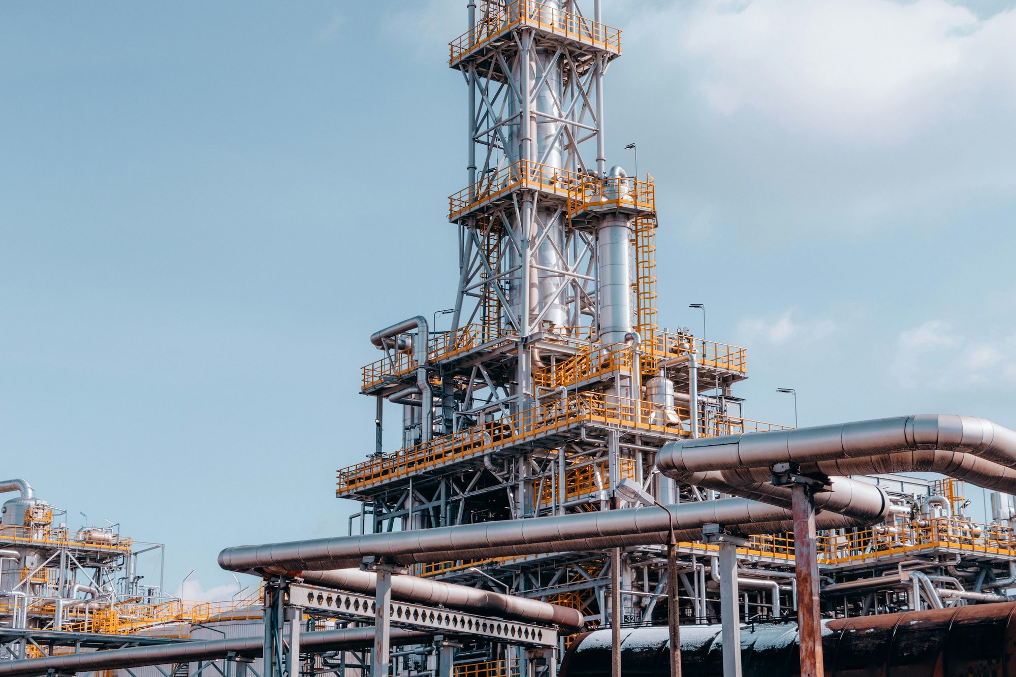 Process columns, walkways and insulated pipe runs at a chemical plant